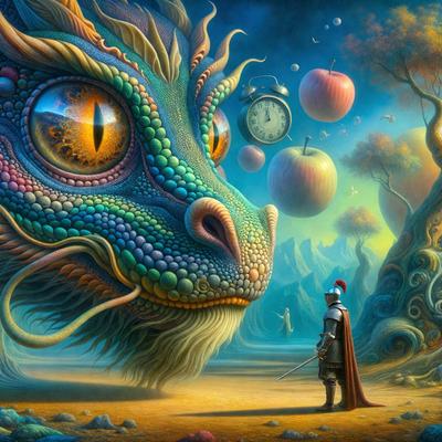 Primary subject: A dragon with a clock on its head.

Setting/background: A forest with trees and a clock.

Visual style: Digital art.

Colors and mood: The dragon is green and blue, and the clock is yellow. The overall atmosphere is whimsical and surreal.